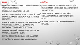 • ROMA
• ESTRUTURA FAMILIAR ERA COMANDADA PELO
PAI (PATER FAMILIAS)
• PAI PODERES ILIMITADOS NO LAR;
• MÃE POSSUIA RELEVÂNCIA NA EDUCAÇÃO DAS
CRIANÇAS, MÃE SE DEDICAVA AOS ASSUNTOS
PRÁTICOS.
• JOVEM ROMANO SE DEDICAVA A APRENDER AS
ATIVIDADES AGRÍCOLAS, QUANDO NÃO
CULTIVAVA PESSOALMENTE A TERRA
• NO FINAL DO PERÍODO ARCAICO, SURGEM AS
PRIMEIRAS ESCOLAS – LUDIS.
• MESTRE CONHECIDO COMO: LUDI MAGISTER
• SITUAÇÃO DA MULHER ERA MAIS ELEVADA.
• GRÉCIA
• JOVENS ERAM DE PROPRIEDADE DO ESTADO,
DEVERIAM SER MOLDADOS DE ACORDO COM
SEU INTERESSE.
• A PARTIR DOS 7 ANOS OS PAIS NÃO
COMANDAVEM MAIS A EDUCAÇÃO DOS
FILHOS;
• MULHER SUBMISSA A ORDEM DO MARIDO;
ESTADO.
 