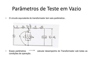 Parâmetros de Teste em Vazio
• O circuito equivalente do transformador tem seis parâmetros .
• Esses parâmetros calcular desempenho do Transformador sob todas as
condições de operação.
 