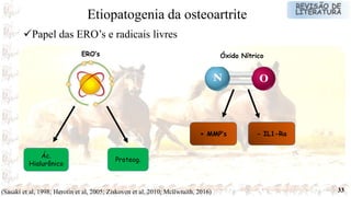 33
Papel das ERO’s e radicais livres
Etiopatogenia da osteoartrite
Ác.
Hialurônico
Proteog.
ERO’s Óxido Nítrico
+ MMP’s - IL1-Ra
(Sasaki et al, 1998; Herotin et al, 2005; Ziskoven et al, 2010; Mcllwraith, 2016)
 