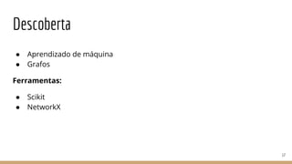Descoberta
● Aprendizado de máquina
● Grafos
Ferramentas:
● Scikit
● NetworkX
17
 