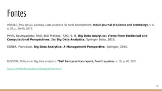 Fontes
PEISKER, Anu; DALAI, Soumya. Data analytics for rural development. Indian Journal of Science and Technology, v. 8,
n. S4, p. 50-60, 2015.
PYNE, Saumyadipta; RAO, BLS Prakasa; RAO, S. B. Big Data Analytics: Views from Statistical and
Computational Perspectives. In: Big Data Analytics. Springer India, 2016.
COREA, Francesco. Big Data Analytics: A Management Perspective. Springer, 2016.
RUSSOM, Philip et al. Big data analytics. TDWI best practices report, fourth quarter, v. 19, p. 40, 2011.
https://www.dataquest.io/blog/python-vs-r/
34
 