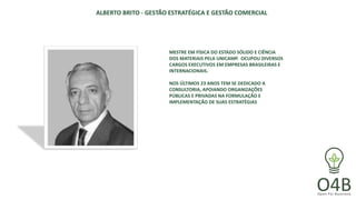 ALBERTO BRITO - GESTÃO ESTRATÉGICA E GESTÃO COMERCIAL
MESTRE EM FÍSICA DO ESTADO SÓLIDO E CIÊNCIA
DOS MATERIAIS PELA UNICAMP. OCUPOU DIVERSOS
CARGOS EXECUTIVOS EM EMPRESAS BRASILEIRAS E
INTERNACIONAIS.
NOS ÚLTIMOS 23 ANOS TEM SE DEDICADO A
CONSULTORIA, APOIANDO ORGANIZAÇÕES
PÚBLICAS E PRIVADAS NA FORMULAÇÃO E
IMPLEMENTAÇÃO DE SUAS ESTRATÉGIAS
 