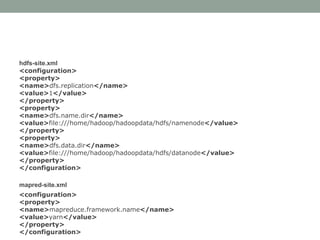 hdfs-site.xml
<configuration>
<property>
<name>dfs.replication</name>
<value>1</value>
</property>
<property>
<name>dfs.name.dir</name>
<value>file:///home/hadoop/hadoopdata/hdfs/namenode</value>
</property>
<property>
<name>dfs.data.dir</name>
<value>file:///home/hadoop/hadoopdata/hdfs/datanode</value>
</property>
</configuration>
mapred-site.xml
<configuration>
<property>
<name>mapreduce.framework.name</name>
<value>yarn</value>
</property>
</configuration>
 