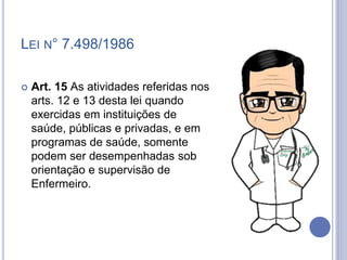 LEI N° 7.498/1986
 Art. 15 As atividades referidas nos
arts. 12 e 13 desta lei quando
exercidas em instituições de
saúde, públicas e privadas, e em
programas de saúde, somente
podem ser desempenhadas sob
orientação e supervisão de
Enfermeiro.
 