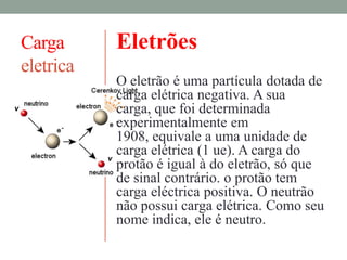 Carga      Eletrões
eletrica
           O eletrão é uma partícula dotada de
           carga elétrica negativa. A sua
           carga, que foi determinada
           experimentalmente em
           1908, equivale a uma unidade de
           carga elétrica (1 ue). A carga do
           protão é igual à do eletrão, só que
           de sinal contrário. o protão tem
           carga eléctrica positiva. O neutrão
           não possui carga elétrica. Como seu
           nome indica, ele é neutro.
 