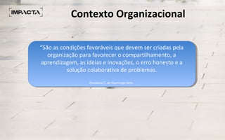 Contexto Organizacional
“São as condições favoráveis que devem ser criadas pela
organização para favorecer o compartilhamento, a
aprendizagem, as ideias e inovações, o erro honesto e a
solução colaborativa de problemas.
Rivadávia C. de Alvarenga Neto
“São as condições favoráveis que devem ser criadas pela
organização para favorecer o compartilhamento, a
aprendizagem, as ideias e inovações, o erro honesto e a
solução colaborativa de problemas.
Rivadávia C. de Alvarenga Neto
 