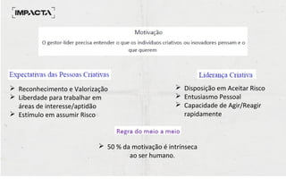  Reconhecimento e Valorização
 Liberdade para trabalhar em
áreas de interesse/aptidão
 Estímulo em assumir Risco
 Disposição em Aceitar Risco
 Entusiasmo Pessoal
 Capacidade de Agir/Reagir
rapidamente
 50 % da motivação é intrínseca
ao ser humano.
 