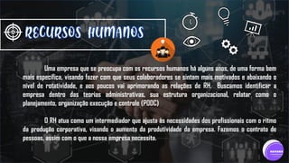 Uma empresa que se preocupa com os recursos humanos há alguns anos, de uma forma bem
mais específica, visando fazer com que seus colaboradores se sintam mais motivados e abaixando o
nível de rotatividade, e aos poucos vai aprimorando as relações de RH. Buscamos identificar a
empresa dentro das teorias administrativas, sua estrutura organizacional, relatar como o
planejamento, organização execução e controle (PODC)
O RH atua como um intermediador que ajusta às necessidades dos profissionais com o ritmo
da produção corporativa, visando o aumento da produtividade da empresa. Fazemos o contrato de
pessoas, assim com o que a nossa empresa necessita.
 