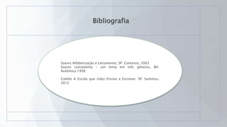 Bibliografia
Soares Alfabetização e Letramento, SP: Contexto, 2003
Soares Letramento – um tema em três gêneros, BH:
Autêntica 1998
Colello A Escola que (não) Ensina a Escrever. SP: Summus,
2012
 