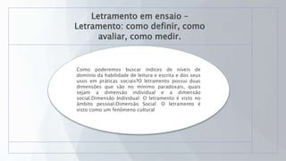 Letramento em ensaio –
Letramento: como definir, como
avaliar, como medir.
Como poderemos buscar índices de níveis de
domínio da habilidade de leitura e escrita e dos seus
usos em práticas sociais?O letramento possui duas
dimensões que são no mínimo paradoxais, quais
sejam a dimensão individual e a dimensão
social.Dimensão Individual: O letramento é visto no
âmbito pessoal.Dimensão Social: O letramento é
visto como um fenômeno cultural
 
