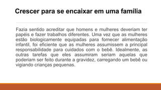 Crescer para se encaixar em uma família
Fazia sentido acreditar que homens e mulheres deveriam ter
papéis e fazer trabalhos diferentes. Uma vez que as mulheres
estão biologicamente equipadas para fornecer alimentação
infantil, foi eficiente que as mulheres assumissem a principal
responsabilidade para cuidados com o bebê. Idealmente, as
outras tarefas que eles assumiram seriam aquelas que
poderiam ser feito durante a gravidez, carregando um bebê ou
vigiando crianças pequenas.
 