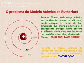 O problema do Modelo Atômico de Rutherford
Para os físicos, toda carga elétrica
em movimento, como os elétrons,
perde energia na forma de luz,
diminuindo sua energia cinética e a
consequente atração entre prótons
e elétrons faria com que houvesse
uma colisão entre eles, destruindo o
átomo. ALGO QUE NÃO OCORRE.
By Prof. Leandro Lima
Energia
Perdida -
LUZ
Portanto, o Modelo Atômico de
Rutherford, mesmo explicando o que
foi observado no laboratório,
apresenta uma INCORREÇÃO.
Ciências, 9º Ano do Ensino Fundamental
Estudo do átomo e modelos
 