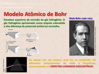 Estudava espectros de emissão do gás hidrogênio. O
gás hidrogênio aprisionado numa ampola submetida
a alta diferença de potencial emitia luz vermelha.
Modelo Atômico de Bohr
Niels Bohr (1885-1962)
Ao passar por um prisma, essa luz se subdividia em
diferentes comprimentos de onda e frequência,
caracterizando um ESPECTRO LUMINOSO DESCONTÍNUO.
Imagem:
AB
Lagrelius
&
Westphal
/
domínio
público.
Imagem:
Kalki
/
domínio
público.
espectro
espectro
lâmpada
Tubo contendo
hidrogênio
Ciências, 9º Ano do Ensino Fundamental
Estudo do átomo e modelos
 