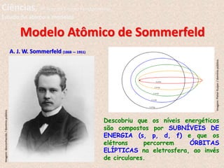A. J. W. Sommerfeld (1868 — 1951)
Modelo Atômico de Sommerfeld
Descobriu que os níveis energéticos
são compostos por SUBNÍVEIS DE
ENERGIA (s, p, d, f) e que os
elétrons percorrem ÓRBITAS
ELÍPTICAS na eletrosfera, ao invés
de circulares.
Imagem:
desconhecido
/
domínio
público.
Imagem:
Pieter
Kuiper
/
domínio
público.
Ciências, 9º Ano do Ensino Fundamental
Estudo do átomo e modelos
 