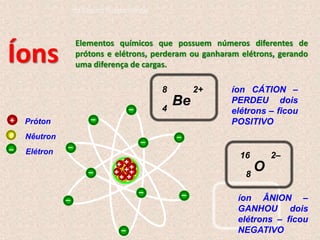 Próton
+
Nêutron
0
Elétron
–
+
+
+
+
–
–
Be
4
8 2+ íon CÁTION –
PERDEU dois
elétrons – ficou
POSITIVO
–
–
+
+
+
+
+
++
+
–
–
–
–
–
–
–
–
íon ÂNION –
GANHOU dois
elétrons – ficou
NEGATIVO
Íons
Elementos químicos que possuem números diferentes de
prótons e elétrons, perderam ou ganharam elétrons, gerando
uma diferença de cargas.
O
8
16 2–
do Ensino Fundamental
 