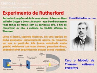 Ernest Rutherford (1871 - 1937)
Experimento de Rutherford
Caso o Modelo de
Thomson estivesse
CORRETO...
Como o átomo, segundo Thomson, era uma espécie de
bolha gelatinosa, completamente neutra, no momento
em que as partículas Alfa (numa velocidade muito
grande) colidissem com esses átomos, passariam direto,
podendo sofrer pequeníssimos desvios de sua trajetória.
Rutherford propõe a dois de seus alunos - Johannes Hans
Wilhelm Geiger e Ernerst Marsden - que bombardeassem
finas folhas de metais com as partículas alfa, a fim de
comprovar, ou não, a validade do modelo atômico de
Thomson.
Imagem:
Bain
News
Service
/
domínio
público.
Feixe de
radiação alfa Bloco de chumbo
Com orifício
Bloco de chumbo
Polônio
Lâmina
extremamente
fina de ouro
Manchas
fotográficas
Papel
fotográfico
Ciências, 9º Ano do Ensino Fundamental
Estudo do átomo e modelos
 