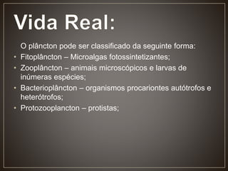 O plâncton pode ser classificado da seguinte forma:
• Fitoplâncton – Microalgas fotossintetizantes;
• Zooplâncton – animais microscópicos e larvas de
inúmeras espécies;
• Bacterioplâncton – organismos procariontes autótrofos e
heterótrofos;
• Protozooplancton – protistas;
 