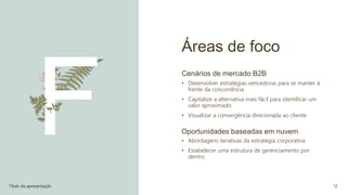 Áreas de foco
Cenários de mercado B2B
• Desenvolver estratégias vencedoras para se manter à
frente da concorrência
• Capitalize a alternativa mais fácil para identificar um
valor aproximado
• Visualizar a convergência direcionada ao cliente
Oportunidades baseadas em nuvem
• Abordagens iterativas da estratégia corporativa
• Estabelecer uma estrutura de gerenciamento por
dentro
Título da apresentação 12
 