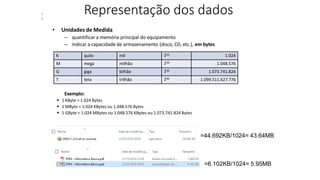 Representação dos dados
• Unidades de Medida
– quantificar a memória principal do equipamento
– indicar a capacidade de armazenamento (disco, CD, etc.), em bytes
Exemplo:
 1 KByte = 1.024 Bytes
 1 MByte = 1.024 KBytes ou 1.048.576 Bytes
 1 GByte = 1.024 MBytes ou 1.048.576 KBytes ou 1.073.741.824 Bytes
K quilo mil 210
1.024
M mega milhão 220
1.048.576
G giga bilhão 230 1.073.741.824
T tera trilhão 240 1.099.511.627.776
=6.102KB/1024= 5.95MB
3
6
=44.692KB/1024= 43.64MB
 