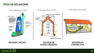 18
TIPOS DE SECADORES
SECADOR DE
FLUXOS CRUZADOS
SECADOR DE
CAMADA FIXA
SECADOR CASCATA
Fonte: Agricultura.rs, 2019. Fonte: Agricultura.rs, 2019.
Fonte: Agricultura.rs, 2019.
 