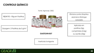 28
CONTROLE QUÍMICO
Fonte: Agrowap. 2022.
GASTOXIN B57
Inseticida fumigante
Aplicado em
pastilhas (3g),
comprimidos (0,6g)
ou sachês (24g)
R$249,90 – 90g em Pastilhas
Eficácia contra Sitophilus
zeamais e Sitotroga
cerealella
Dosagem: 2 Pastilhas de 3 g/m³
 
