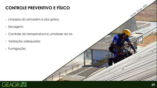 29
CONTROLE PREVENTIVO E FÍSICO
- Limpeza do armazém e dos grãos;
- Secagem;
- Controle da temperatura e umidade do ar;
- Vedação adequada;
- Fumigação.
 