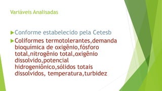 Variáveis Analisadas
Conforme estabelecido pela Cetesb
Coliformes termotolerantes,demanda
bioquímica de oxigênio,fósforo
total,nitrogênio total,oxigênio
dissolvido,potencial
hidrogeniônico,sólidos totais
dissolvidos, temperatura,turbidez
 