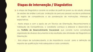Etapas de intervenção / Diagnóstico
❑ A etapa de Diagnóstico consiste na análise do perfil do jovem ou do adulto, através
de sessões de análise curricular, avaliação do percurso pessoal, escolar e profissional,
do registo de competências e da ponderação de motivações, interesses e
expectativas.
� Nesta etapa e com o apoio de um Técnico de Orientação, Reconhecimento e
Validação de Competências, o candidato começa a elaborar e desenvolve o
seu Portfólio de Desenvolvimento Vocacional, que consiste numa compilação
organizada de diversos documentos e dos resultados das atividades de Diagnóstico e
Orientação.
� Esta etapa de autodescoberta, é de importância crucial para a definição da
resposta de qualificação mais adequada a cada candidato.
 