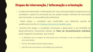 Etapas de intervenção / Informação e orientação
• A etapa de Informação e Orientação tem como principal objetivo proporcionar ao
candidato o apoio na construção do seu próprio projeto individual de educação
e/ou formação, ou de qualificação profissional.
� Nesta etapa, o candidato será confrontado com diferentes opções de
qualificação inscritas no Catálogo Nacional de Qualificações.
� Durante esta etapa, o candidato continuará a desenvolver o seu Portefólio de
Desenvolvimento Vocacional através do Plano de Encaminhamento Individual,
parte integrante do primeiro, que incluirá:
• A definição de um projeto de educação e/ou formação ou de um projeto profissional
e/ou de carreira;
• Formas de implementação desse projeto;
• Identificação de barreiras e estratégias de superação.
 