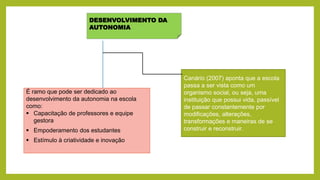 DESENVOLVIMENTO DA
AUTONOMIA
É ramo que pode ser dedicado ao
desenvolvimento da autonomia na escola
como:
 Capacitação de professores e equipe
gestora
 Empoderamento dos estudantes
 Estímulo à criatividade e inovação
Canário (2007) aponta que a escola
passa a ser vista como um
organismo social, ou seja, uma
instituição que possui vida, passível
de passar constantemente por
modificações, alterações,
transformações e maneiras de se
construir e reconstruir.
 