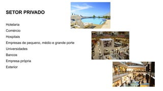SETOR PRIVADO
Hotelaria
Comércio
Hospitais
Empresas de pequeno, médio e grande porte
Universidades
Bancos
Empresa própria
Exterior
 