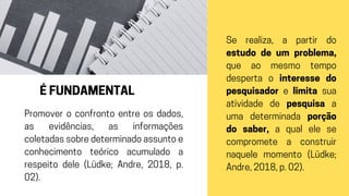 É FUNDAMENTAL
Promover o confronto entre os dados,
as evidências, as informações
coletadas sobre determinado assunto e
conhecimento teórico acumulado a
respeito dele (Lüdke; Andre, 2018, p.
02).
Se realiza, a partir do
estudo de um problema,
que ao mesmo tempo
desperta o interesse do
pesquisador e limita sua
atividade de pesquisa a
uma determinada porção
do saber, a qual ele se
compromete a construir
naquele momento (Lüdke;
Andre, 2018, p. 02).
 