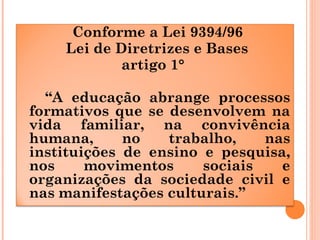 Conforme a Lei 9394/96
Lei de Diretrizes e Bases
artigo 1°
“A educação abrange processos
formativos que se desenvolvem na
vida familiar, na convivência
humana, no trabalho, nas
instituições de ensino e pesquisa,
nos movimentos sociais e
organizações da sociedade civil e
nas manifestações culturais.”
 