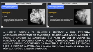 A LATERAL OBLÍQUA DE MANDÍBULA REFERE-SE A UMA ESTRUTURA
ANATÔMICA IMPORTANTE NA MANDÍBULA, RELACIONADA AO SEU ÂNGULO E
RAMO. O ÂNGULO DA MANDÍBULA É A PARTE EM QUE O CORPO DA
MANDÍBULA SE ENCONTRA COM O RAMO, FORMANDO UMA CURVA QUE
AJUDA A DEFINIR O CONTORNO DA MANDÍBULA. ESSA REGIÃO É ESSENCIAL
PARA A FUNÇÃO MASTIGATÓRIA E TAMBÉM SERVE COMO PONTO DE ANEXO PARA
MÚSCULOS, COMO O MASSETER E O TEMPORAL.
 