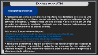 A radiografia panorâmica é uma técnica importante na odontologia que oferece uma
visão abrangente dos maxilares, dentes, articulações temporomandibulares (ATM) e
estruturas adjacentes. O método utiliza um feixe de raios X que se move em um arco
ao redor da cabeça do paciente, resultando em uma imagem bidimensional que
captura uma ampla área da arcada dentária.
Essa técnica é especialmente útil para:
•Avaliar a posição e o estado dos dentes, incluindo os dentes do siso.
•Diagnosticar problemas nas articulações da mandíbula.
•Identificar cistos, tumores e outras condições patológicas.
•Planejar tratamentos ortodônticos ou cirúrgicos.
A radiografia panorâmica é rápida, geralmente não requer preparação especial do
paciente e minimiza a exposição à radiação em comparação com radiografias
intraorais múltiplas. É uma ferramenta valiosa na prática clínica para o diagnóstico e
planejamento de tratamentos.
 
