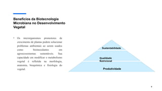 9
Benefícios da Biotecnologia
Microbiana no Desenvolvimento
Vegetal
• Os microrganismos promotores de
crescimento de plantas podem solucionar
problemas ambientais ao serem usados
como bioinoculantes em
agroecossistemas sustentáveis. Sua
capacidade em modificar o metabolismo
vegetal é refletida na morfologia,
anatomia, bioquímica e fisiologia do
vegetal.
Sustentabilidade
Qualidade
Nutricional
Produtividade
 