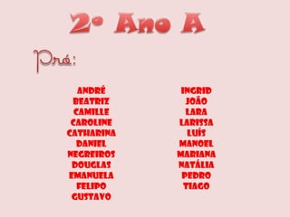 Ingrid João Lara Larissa Luís Manoel Mariana Natália Pedro Tiago André Beatriz Camille Caroline Catharina Daniel Negreiros Douglas Emanuela Felipo Gustavo 