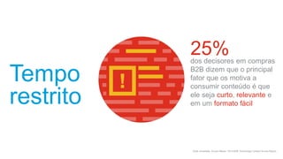 52% dos
executivos B2B
dizem que a
principal fonte de
informação
confiável são os
seus pares ou
colegas de
trabalho.
Não subestime
o poder social
Social fonte: The Economist Group Content Solutions, “Missing the Mark: Global Content Survey of
Brand Marketers and their B2B audiences: Executive perceptions of contente from companies
survey results” in association with Peppercomm, 2014
 