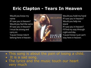 Eric Clapton - Tears In Heaven
Would you know my         Would you hold my hand
name                      If I saw you in heaven?
If I saw you in heaven?   Would you help me
Would you feel the same   stand
If I saw you in heaven?   If I saw you in heaven?
I must be strong and      I'll find my way through
carry on                  night and day
'Cause I know I don't     'Cause I know I just can't
belong here in heaven .   stay here in heaven .
 