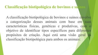 Classificação biotipológica de bovinos e suínos
A classificação biotipológica de bovinos e suínos envolve
a categorização desses animais com base em suas
características físicas, genéticas e produtivas, com o
objetivo de identificar tipos específicos para diferentes
propósitos de criação. Aqui está uma visão geral da
classificação biotipológica para ambos os animais:
 