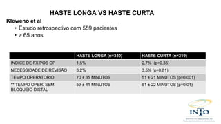 Kleweno et al
• Estudo retrospectivo com 559 pacientes
• > 65 anos
HASTE LONGA (n=340) HASTE CURTA (n=219)
INDICE DE FX POS OP 1,5% 2,7% (p=0,35)
NECESSIDADE DE REVISÃO 3,2% 3,5% (p=0,81)
TEMPO OPERATORIO 70 ± 35 MINUTOS 51 ± 21 MINUTOS (p=0,001)
** TEMPO OPER. SEM
BLOQUEIO DISTAL
59 ± 41 MINUTOS 51 ± 22 MINUTOS (p=0,01)
HASTE LONGA VS HASTE CURTA
 