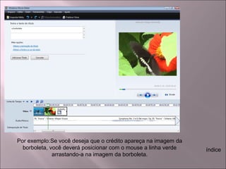Por exemplo:Se você deseja que o crédito apareça na imagem da
borboleta, você deverá posicionar com o mouse a linha verde
arrastando-a na imagem da borboleta.
índice
 