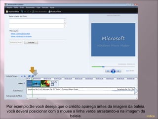Por exemplo:Se você deseja que o crédito apareça antes da imagem da baleia,
você deverá posicionar com o mouse a linha verde arrastando-a na imagem da
baleia. índice
 