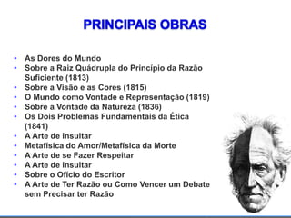 • As Dores do Mundo
• Sobre a Raiz Quádrupla do Princípio da Razão
Suficiente (1813)
• Sobre a Visão e as Cores (1815)
• O Mundo como Vontade e Representação (1819)
• Sobre a Vontade da Natureza (1836)
• Os Dois Problemas Fundamentais da Ética
(1841)
• A Arte de Insultar
• Metafísica do Amor/Metafísica da Morte
• A Arte de se Fazer Respeitar
• A Arte de Insultar
• Sobre o Ofício do Escritor
• A Arte de Ter Razão ou Como Vencer um Debate
sem Precisar ter Razão
 