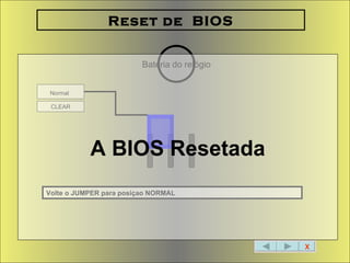 X Reset de  BIOS Volte o JUMPER para posiçao NORMAL Bateria do relógio Normal   CLEAR A BIOS Resetada 