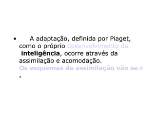       A adaptação, definida por Piaget, como o próprio  desenvolvimento da  inteligência , ocorre através da assimilação e acomodação.  Os esquemas de assimilação vão se modificando, configurando os estágios de desenvolvimento .   