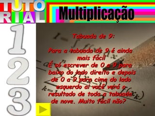 T T O R A U I L Tabuada de 9: Para a tabuada de 9 é ainda  mais fácil É só escrever de 0 a 9 para  baixo do lado direito e depois  de 0 a 9 para cima do lado  esquerdo ai você verá o  resultado de toda a tabuada  de nove. Muito fácil não? Multiplicação 
