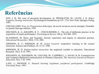 Referências
DAY, J. D. The zone of proximal development. In: PRESSLEYM, M.; LEVIN, J. R. (Eds.).
Cognitive Strategy instruction: Psychological foundations (p.155- 175). New York: Springer-Verlag,
1983.
CHEVALLARD, Yves. La Transposition didactique: du savoir savant au savoir enseigné. Grenoble:
La pensée Sauvage editions, 1991.
ERICSSON, K. A.; KRAMPE, R. T. ; TESCH-ROMER, C.. The role of deliberate practice in the
acquisition of expert performance. Psychological Review 100, p. 363-406. 1993.
GLASSMAN, M. Dewy and Vygotsky: Society experience and inquiry in education practice.
Educational Researcher, 30(4), 3-14. 2001.
JOHNSON, R. T.; JOHNSON, D. W. Action research: cooperative learning in the science
classroom. Science and Children, 24, 31-32. 1986.
JOHNSON, W. D. Student-student interaction: the neglected variable in education. Educational
Research, 10(1), 5-10. 1991.
JONASSEN, D.; DAVIDSON, M.; COLLINS, M.; CAMPBELL, J.; HAAG, B. B. Constructivism
and Computer Mediated Communication in Distance Education. The American Journal of Distance
Education, 9(2), 7-26. 1995.
LAVE, J.; WENGER, E. Situated learning Legitimate peripheral participation. Cambridge
University Press. 1991.
 