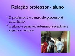 Relação professor - aluno

* O professor é o centro do processo, é
  autoritário.
* O aluno é passivo, submisso, receptivo e
  sujeito a castigos
 