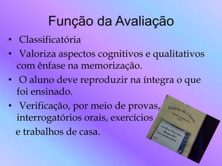 Função da Avaliação
• Classificatória
• Valoriza aspectos cognitivos e qualitativos
  com ênfase na memorização.
• O aluno deve reproduzir na íntegra o que
  foi ensinado.
• Verificação, por meio de provas,
  interrogatórios orais, exercícios
  e trabalhos de casa.
 